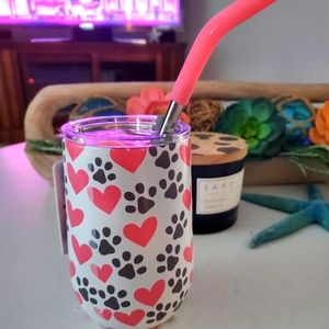 Insulated DOG PAWS & HEARTS TUMBLER W/Flexible Straw